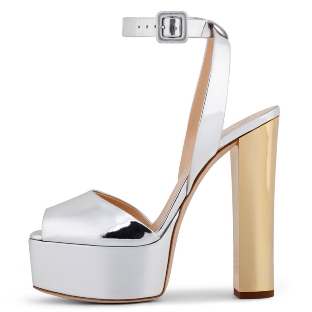 Qupid Silver Metallic Peep Toe Block Heel Platform Buckle Sandals w/ Ankle Strap